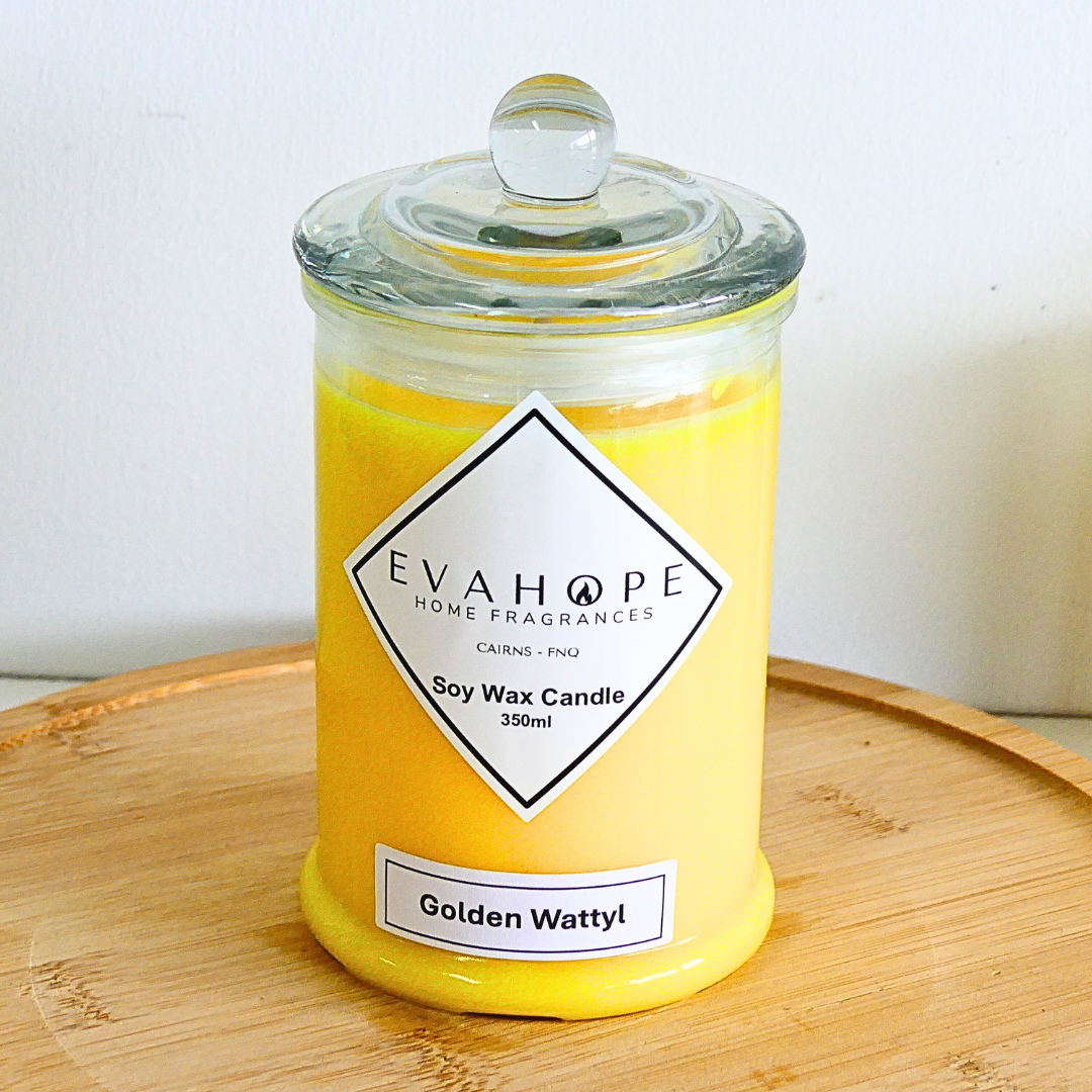 GOLDEN WATTLE - Scented Soy Wax Candle. 350ml. @65hr Slow Burn