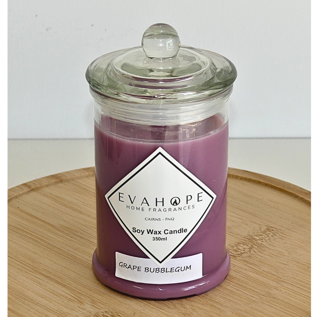 Grape Bubblegum 350ml Fully Scented, Natural Soy Wax. @ 65hr slow burn