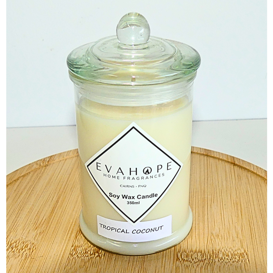 Tropical Coconut 350ml Fully Scented, Natural Soy Wax. @ 65 hr slow burn
