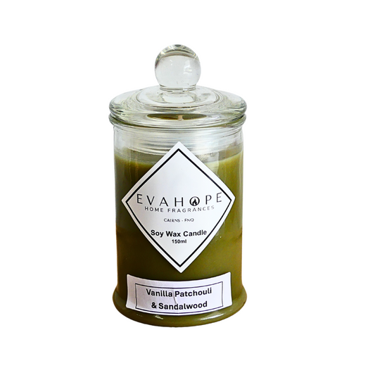 Vanilla Patchouli & Sandalwood 150ml Fully Scented, Natural Soy Wax. @ 30 hr slow burn