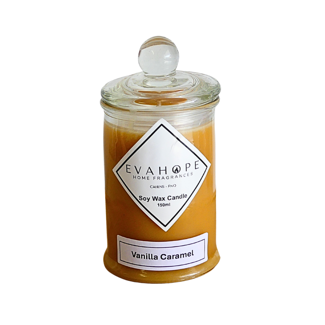 Vanilla Caramel 150ml Apothecary Jar Candle. @ 30 hr slow burn