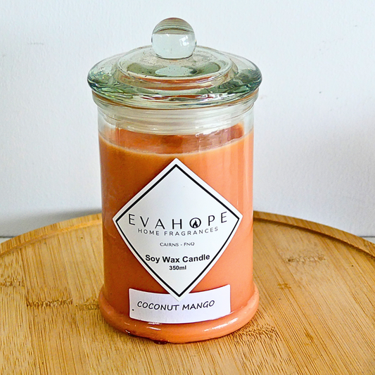 Coconut Mango 350ml Fully Scented, Natural Soy Wax. @ 65 Hr slow burn