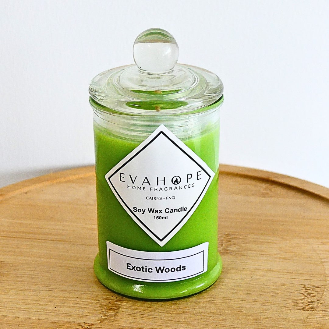 EXOTIC WOODS - 150ml Scented Soy Wax candle. @ 30 Hr slow burn