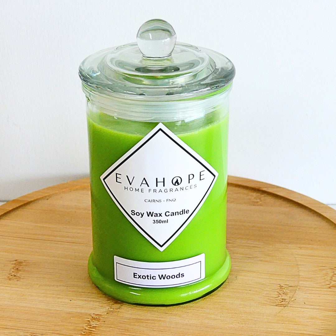 EXOTIC WOODS - 350ml Scented Soy Wax candle. @ 65 Hr slow burn