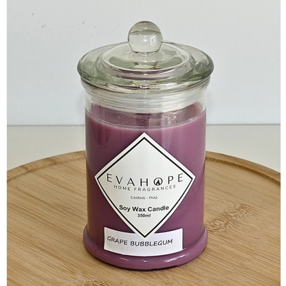 Grape Bubblegum 350ml Fully Scented, Natural Soy Wax. @ 65hr slow burn