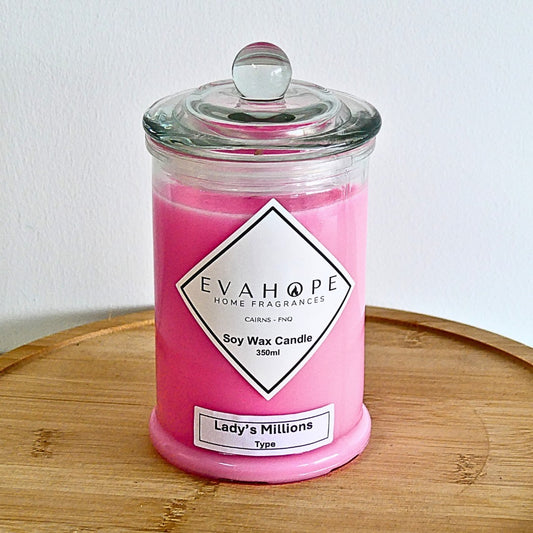 Lady's Millions (Type) 350ml Fully Scented, Natural Soy Wax. @ 65 hr slow burn