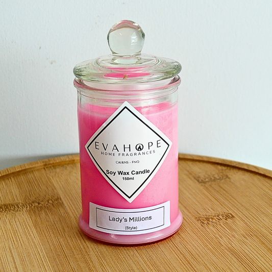Lady's Millions 150ml Fully Scented, Natural Soy Wax. @ 30 hr slow burn