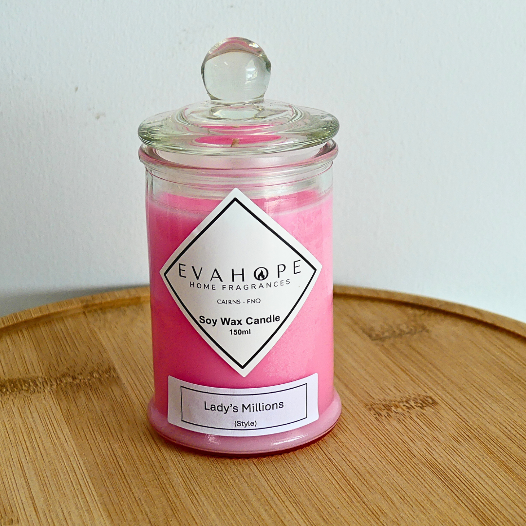Lady's Millions 150ml Fully Scented, Natural Soy Wax. @ 30 hr slow burn