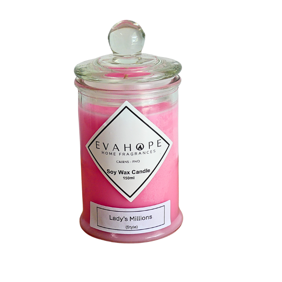 Lady's Millions 150ml Fully Scented, Natural Soy Wax. @ 30 hr slow burn