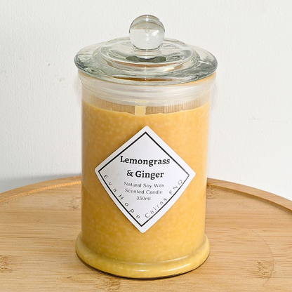 Lemongrass & Ginger 350ml Fully Scented, Natural Soy Wax @ 65 hr slow burn