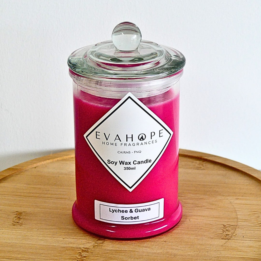 Lychee & Guava 350ml Fully Scented, Natural Soy Wax. @ 65 hr slow burn