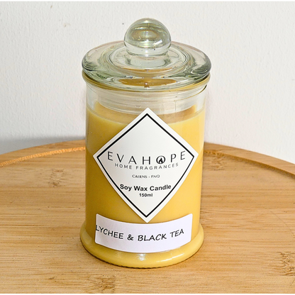 Lychee & Black Tea 150ml Fully Scented, Natural Soy Wax . @ 30 hr slow burn