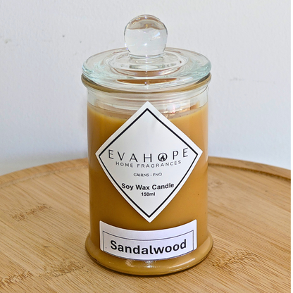 Sandalwood 150ml Fully Scented, Natural Soy Wax. @ 30 hr slow burn