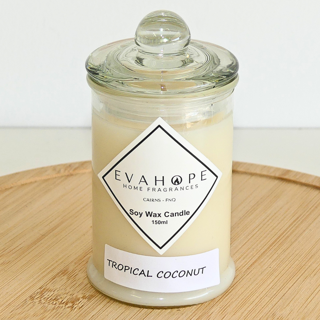 Tropical Coconut 150ml Fully Scented, Natural Soy Wax. @ 30 hr slow burn