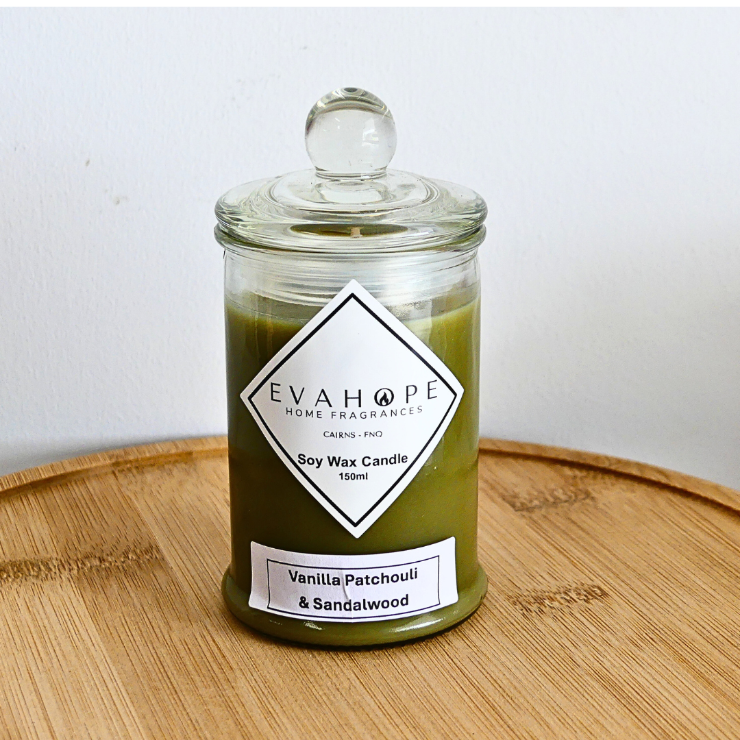 Vanilla Patchouli & Sandalwood 150ml Fully Scented, Natural Soy Wax. @ 30 hr slow burn