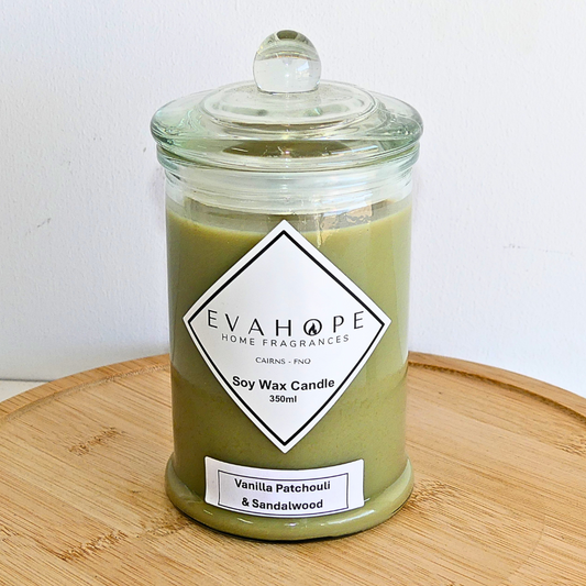 Vanilla Patchouli & Sandalwood 350ml Fully Scented, Natural Soy Wax. @ 65 hr slow burn